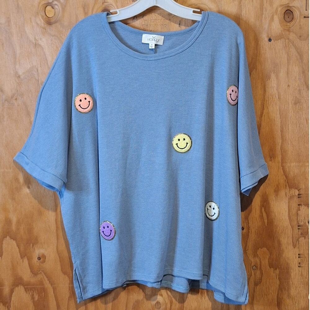 Hopely Shirt Women's Medium Sequined Terry Smiley Faces Waffle Knit Kidcore 90s